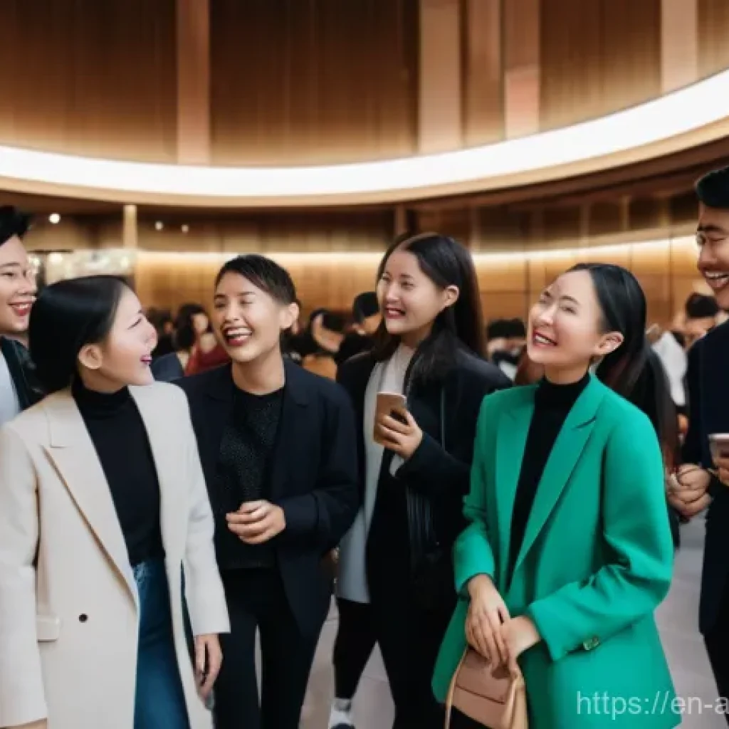 중국 뮤지컬 음악 시장 확장 사례 - A vibrant, wide-angle shot of a modern theater lobby in a bustling Chinese city before a musical per...