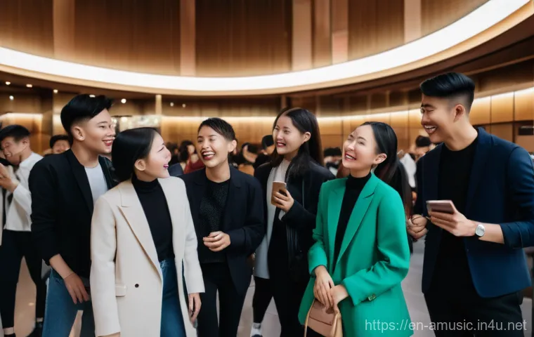 중국 뮤지컬 음악 시장 확장 사례 - A vibrant, wide-angle shot of a modern theater lobby in a bustling Chinese city before a musical per...