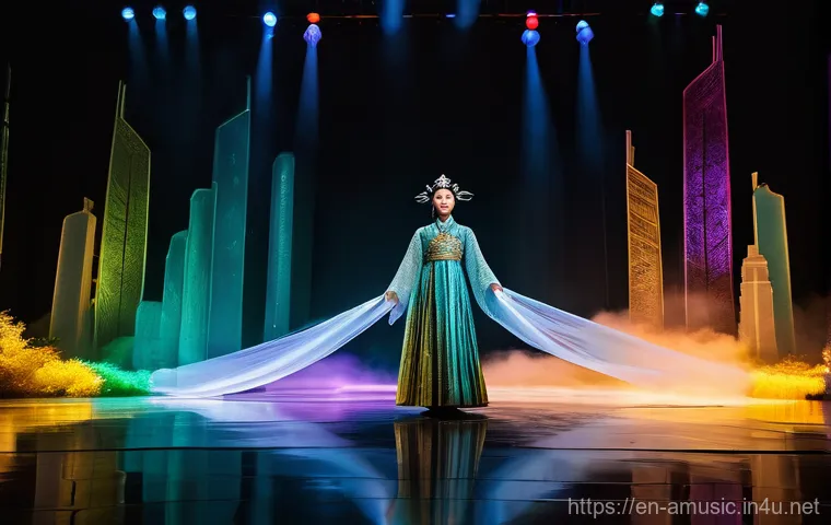 중국 뮤지컬 음악 시장 확장 사례 - A vibrant, wide-angle shot of a modern theater lobby in a bustling Chinese city before a musical per...