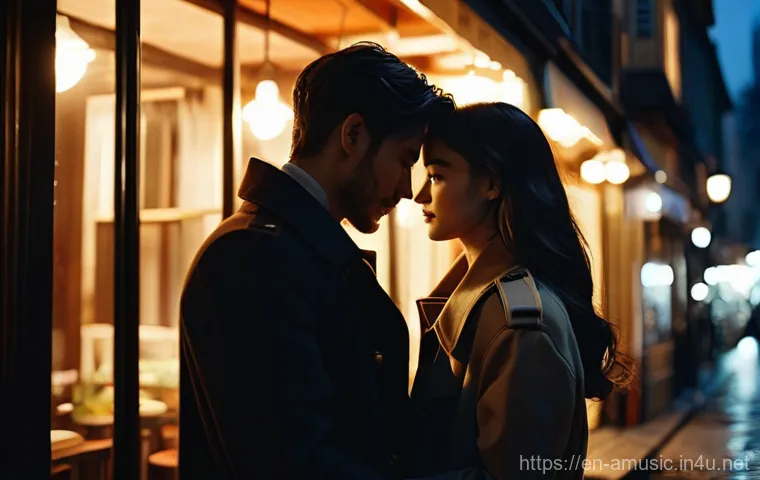 홍콩 OST 인기곡 Perhaps Love - **A couple in a tender, bittersweet embrace.** The scene is set in a dimly lit, cozy cafe with large...