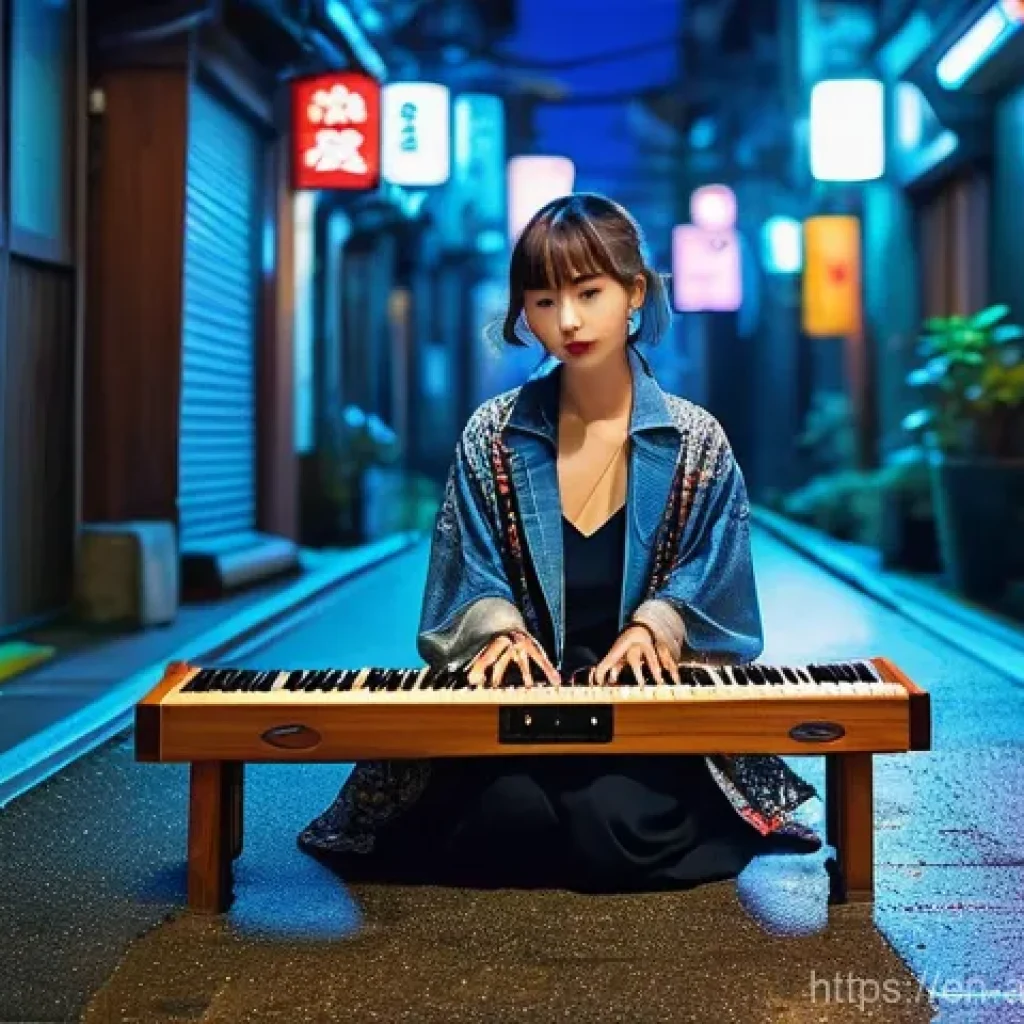 일본 전통 음악 현대적 해석 - **Prompt 1: "Bridging Centuries: Electric Koto Performer in a Neo-Tokyo Alley"**
"A dynamic, ful...