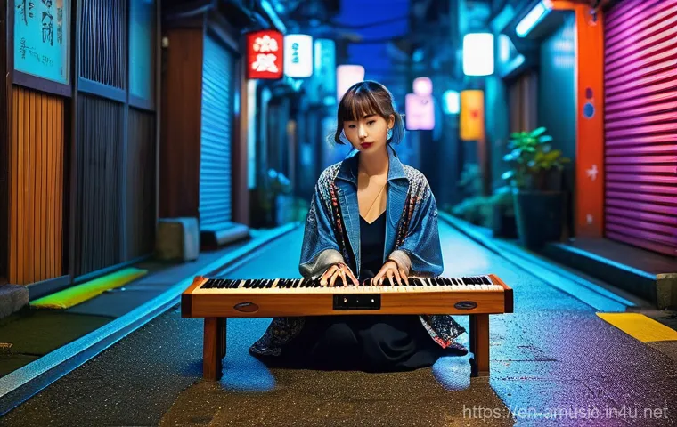 일본 전통 음악 현대적 해석 - **Prompt 1: "Bridging Centuries: Electric Koto Performer in a Neo-Tokyo Alley"**
"A dynamic, ful...