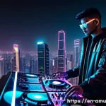Home 15 동남아 EDM 페스티벌 히트곡 Big City Lights - **A DJ's Rooftop Genesis in Neon Cityscape**
Generate an image depicting a diverse, young adult ...