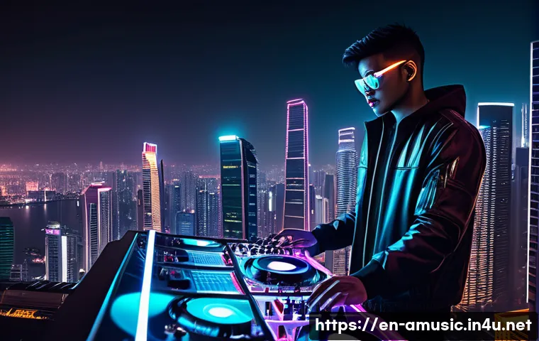 동남아 EDM 페스티벌 히트곡 Big City Lights - **A DJ's Rooftop Genesis in Neon Cityscape**
Generate an image depicting a diverse, young adult ...