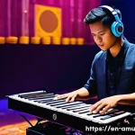 Home 19 캄보디아 전통 음악과 현대 음악 융합 - **Prompt:** A young, determined Cambodian musician, dressed in stylish, contemporary casual wear wit...