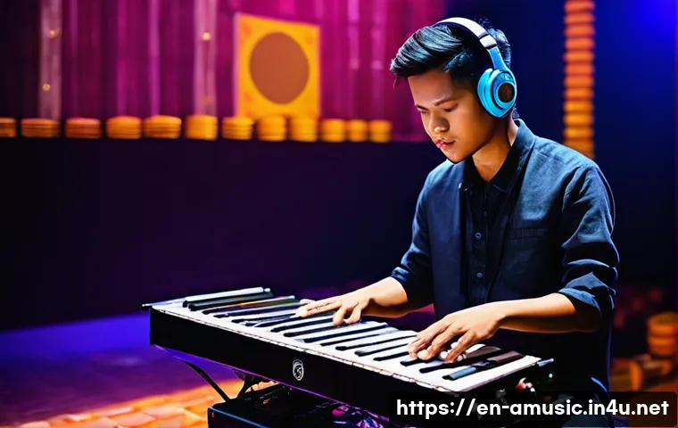 캄보디아 전통 음악과 현대 음악 융합 - **Prompt:** A young, determined Cambodian musician, dressed in stylish, contemporary casual wear wit...