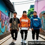 Home 23 동남아시아 힙합 트렌드 - A dynamic street scene in Jakarta featuring young Southeast Asian hip-hop artists wearing vibrant st...