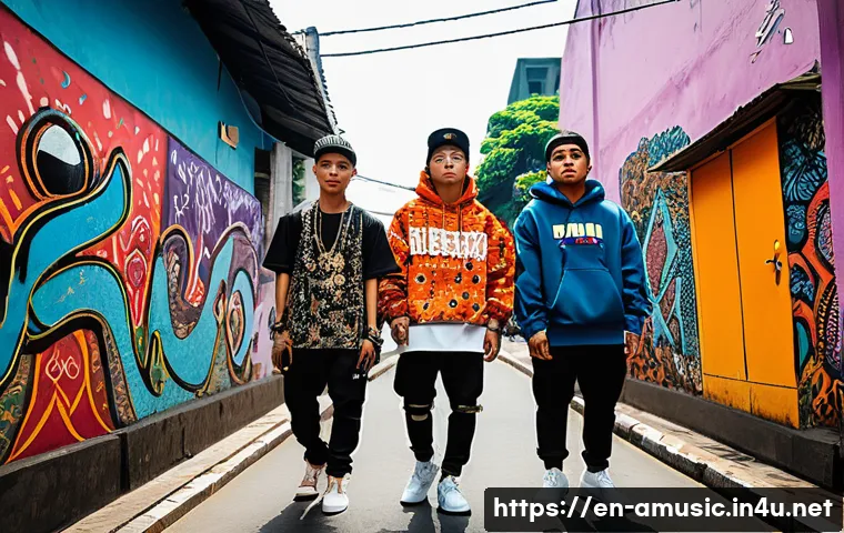 동남아시아 힙합 트렌드 - A dynamic street scene in Jakarta featuring young Southeast Asian hip-hop artists wearing vibrant st...
