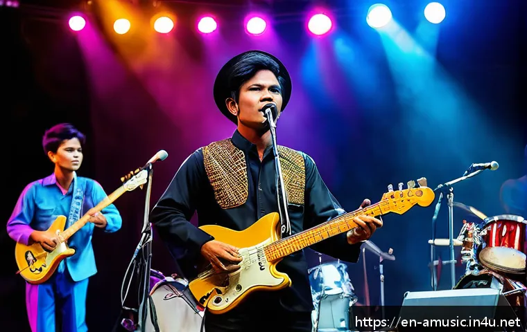 캄보디아 록 음악 대표 곡  Chnam Oun 16   by Sinn Sisamouth - A vibrant 1960s Cambodian rock band performing on stage in Phnom Penh, featuring jangly electric gui...