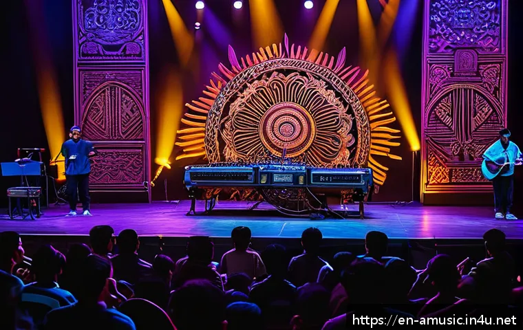 한국제외 동남아 음악 스트리밍 순위 - A vibrant concert scene featuring a Southeast Asian indie band blending traditional instruments like...