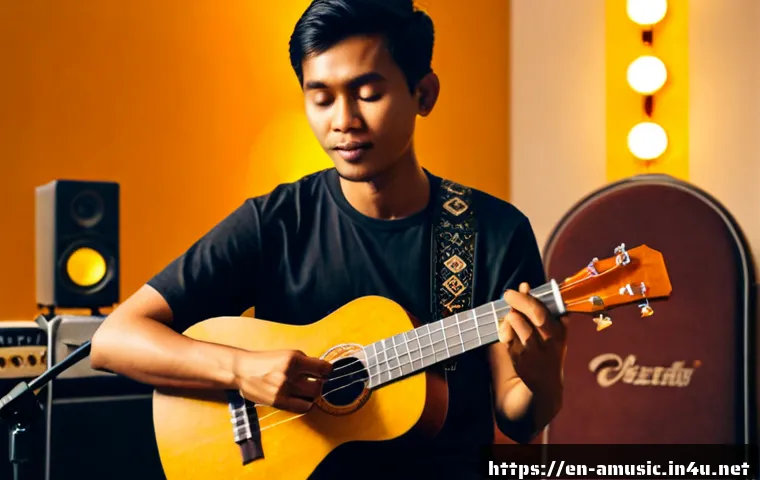 인도네시아 케롱송과 팝 융합 사례 - Photorealistic Indonesian music fusion performance in an intimate Jakarta studio, a skilled keroncon...