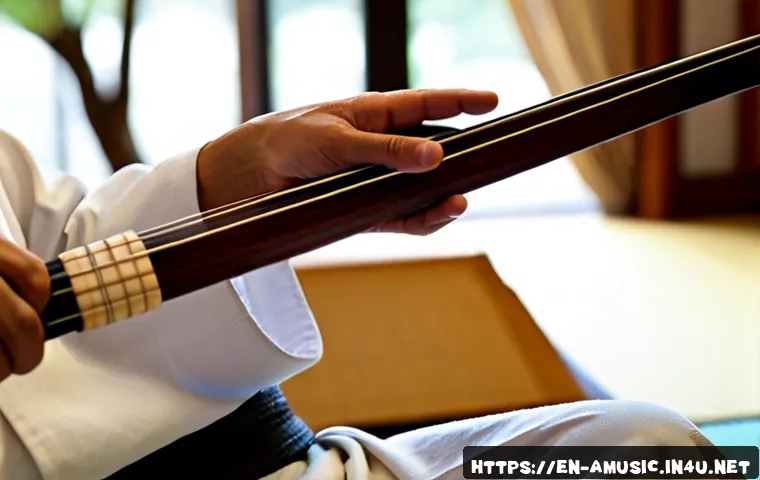 Home 17 일본 샤미센 연주 기법 - Photorealistic close-up of a Japanese shamisen player demonstrating precise right-hand bachi techniq...
