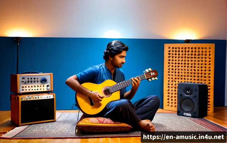 Home 17 아시아 전통 음악 리메이크 성공 사례 - Photorealistic recording studio scene showing a young British music producer thoughtfully blending t...